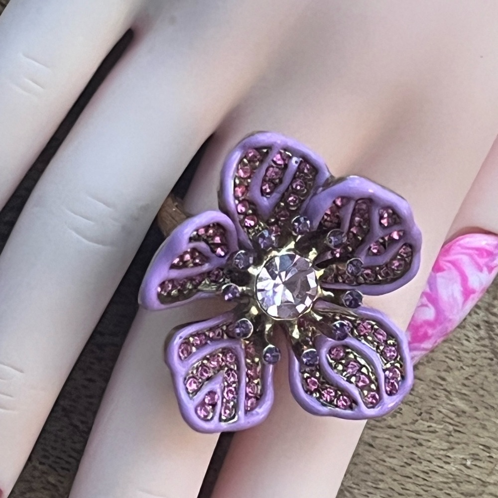 Oscar de la Renta Pink Floral Flower Statement Ring Size 6 Crystal Enamel Resin - Picture 12 of 13